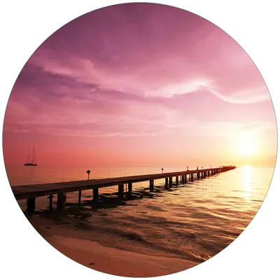 Produktbild von Wallario Premium Glasbild, freischwebende Optik, kräftige Farben, rund 50cm Durchmesser, Motiv Auf dem Weg zur Sonne  Steg am Meer