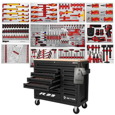Produktbild von RETTER Werkzeugwagen R23 inkl. 372 Werkzeuge, Alu-Einlagen, Holzplatte, 12V Akku Schlagschrauber und Akku Ratsche