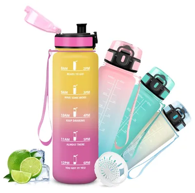 Produktbild von Trinkflasche 1l Auslaufsicher mit Zeitmarkierung, Wasserflasche Sport für