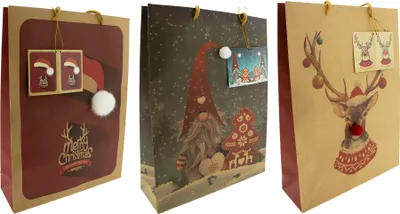 Produktbild von 12 x Weihnachtsgeschenktüten mit Pom Pom in 3D Optik H 32 cm - Große Tüten für Weihnachten Geschenktüten