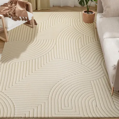 Image de HOMCOM Tapis salon 160 x 120 cm, tapis à poils épais géométrique, moelleux et antidérapant, style moderne, pour salon, chambre à coucher, bureau, crème