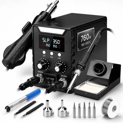 Produktbild von 700W Heißluft Lötstation 60W Lötkolben 2-IN-1 Set 100-500℃ PID‑Regelung 5 Lötspitzen 2 Luftdüsen LED Digital Anzeige Heißluftlötstation Entlötstation