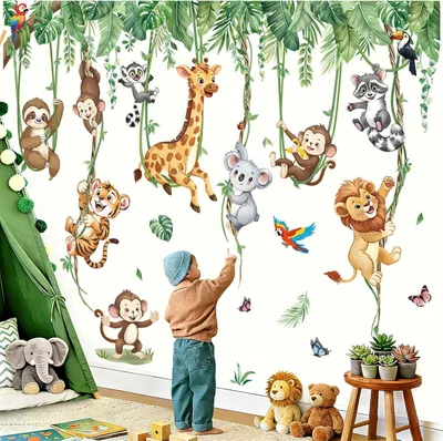 Produktbild von Wandsticker "Dschungeltiere" - Wandsticker mit Giraffe und Löwe - Hängende Ranken - Für das Kinderzimmer