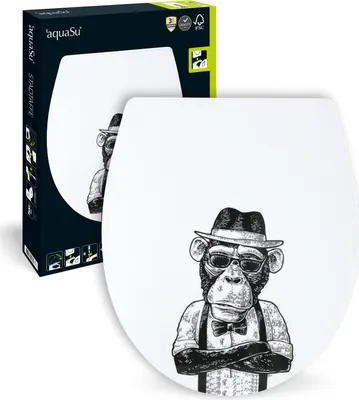Produktbild von 'aquaSu® WC-Sitz mit Absenkautomatik, lustiges Nachbildung Stadtaffe, abnehmbar, antibakterieller Duroplast Toilettendeckel, Top-Fix Befestigung von oben, Standard O Form, Toilettensitz witzig, 40696 3