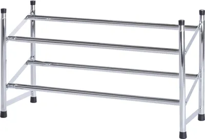 A three-tiered shoe rack made of chrome-plated metal tubes, shown against a white background.