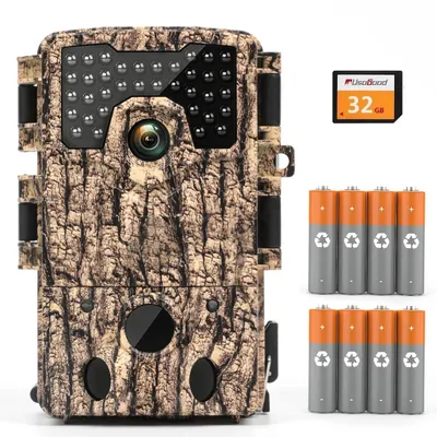 Image de Caméra de chasse 4K 48 MP avec application de transmission sur smartphone, détecteur de mouvement et vision nocturne, angle de couverture de 120°, livrée avec une carte SD de 32 Go et 8 piles, étanche IP66