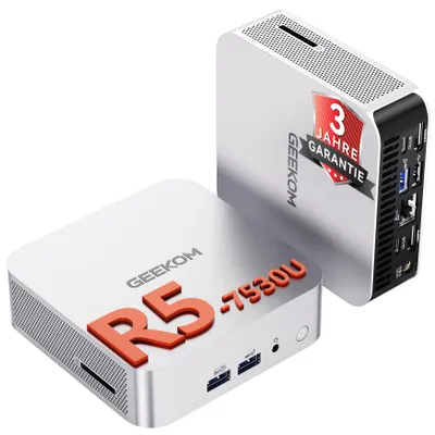 Produktbild von GEEKOM Mini PC A5 Pro 2026, Ryzen 5 7530U, 1 TB SSD, 16 GB RAM, aufrüstbar, 2× USB4, bis 8K, 4 Displays, SD-Kartenleser, vorinstalliertes System