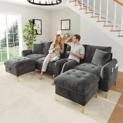 Produktbild von Flieks Schlafsofa mit Stauraumhockern, Sofa mit Dekokissen, U-förmiges 4-Sitzer Sofa, 263×137×85 cm, Grau, Chenille