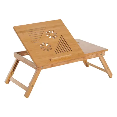Image de HOMCOM Table de lit, plateau pour ordinateur, table d'appoint en bois de bambou, plateau inclinable, pliable et réglable en hauteur avec tiroir, 55 x 35 x 22-32,5 cm, naturel