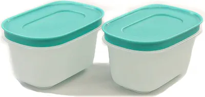 Two white plastic food storage containers with mint green lids are shown against a white background.