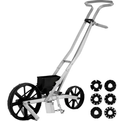 Obrázok produktu pre **Siatač - Hliník+ABS - 6x výsevné dosky - Nastaviteľná výška - 78-84 cm - Jednoradový - DIPER - 6 cm predné koleso - 5 cm zadné koleso - Ideálny pre kukuricu, pór, špenát, mrkvu**.