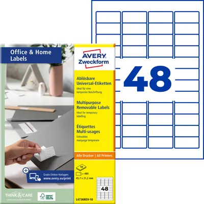 Produktbild von Avery Zweckform L4736REV-10, Etiketten, ablösbar, Home Office, Kleinpackung, A4, 45,7 x 21,2 mm, 480 Etiketten / 10 Bögen, weiß
