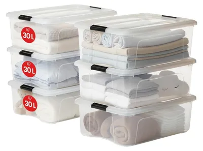 Produktbild von Iris Ohyama, 6er-Set, Aufbewahrungsboxen, 30 L mit Clips, stapelbar, Wohnzimmer, Schlafzimmer, Garage - New Top Box NTB-30 - Transparent