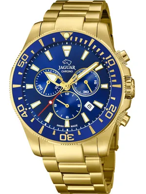 A close-up studio shot of a gold Jaguar chronograph watch with a blue dial.