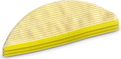 A close-up, angled view of a folded cleaning cloth with yellow and white stripes.