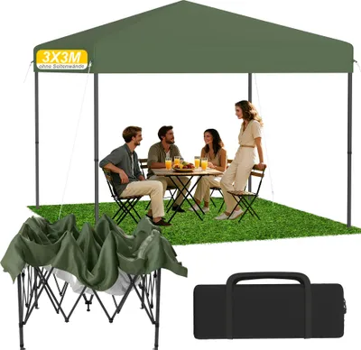 Produktbild von UISEBRT Grün 3x3 m Pop-Up Pavillon, Faltpavillon Ein-Knopf Schnellaufbau, wasserdicht & UV-Schutz, ohne Seitenteile, inkl. Tasche & Erddübel