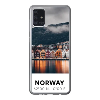 A phone case with a scenic view of Bergen, Norway, and its coordinates.
