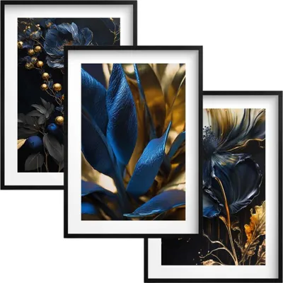 Produktbild von Set mit 3 Postern für die Wohnzimmerwand Wanddekoration Gold-Blau Blumen