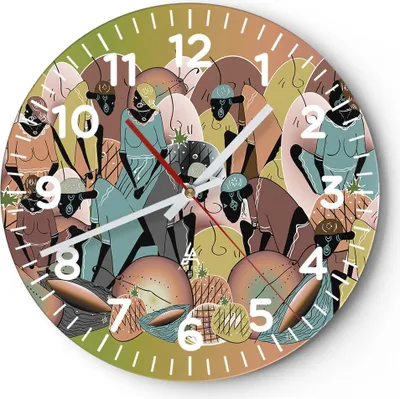 Produktbild von Wanduhr - Rund - Glasuhr - Afrikanisch Grafik Frauen - 40x40cm - Schleichendes Uhrwerk - Lautlos - zum Aufhängen bereit - Dekoration Modern - Wanddekoration aus Glas - C4AR40x40-4555