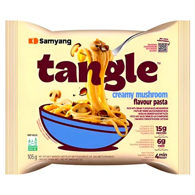 A package of Samyang Tangle Creamy Mushroom flavour pasta.