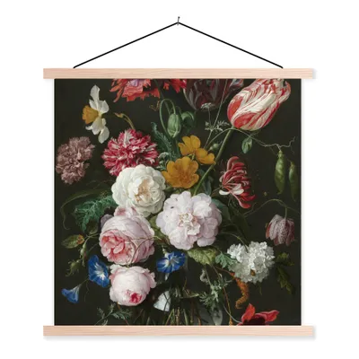 Obrázok produktu pre MuchoWow® Textilný plagát - Zátišie s kvetmi v sklenenej váze - Maľba od Jan Davidsz. de Heem - 90x90cm - S hnedými lamelami