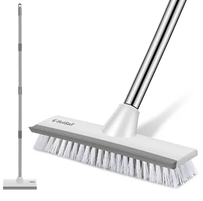 Image de Brosse de nettoyage pour sols avec manche réglable (130 cm), brosse-grattoir 2-en-1 avec des poils durs, idéale pour la salle de bain et la cuisine