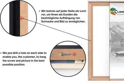 Close-up views of a picture frame showing pre-drilled holes for hanging, with accompanying text in German and English.