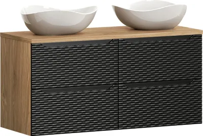 Produktbild von Doppelwaschtisch 120cm in Eiche mit schwarz, OLUO-56-BLACK, Front mit 3D-Struktur in Wellenoptik