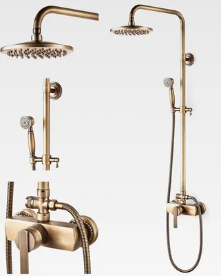 Produktbild von Duschsystem Antikes Messing Duscharmatur Set Gold Retro Duschset mit Armatur, Vintage Duscharmatur Komplettset mit 8" Regendusche, Handbrause Kopf, Höhenverstellbar 70120cm