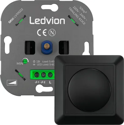 Produktbild von Ledvion - LED Dimmer Schalter, Drehdimmer Unterputz Dimmschalter, Phasenabschnitt, für dimmbare LEDs 5–600W / Halogen 10–600W, 220-240V, Schwarz Abdeckrahmen, Dimmer für LED Lampen