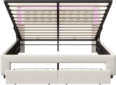 Produktbild von CDGlobal Polsterbett Doppelbett 180x200 cm mit LED-Beleuchtung, Hydraulisch Bett mit Stauraum Schubladen und Kopfteil, Stauraumbett Bettgestell mit Bettkasten und Lattenrost, Samt (Beige)