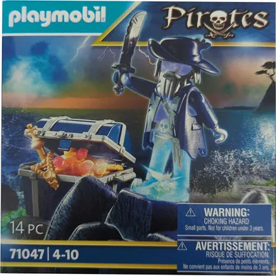 Zdjęcie produktu dla PLAYMOBIL 71047 Pirates Ghost Pirat i skrzynia skarbów z funkcją podświetlenia, złota, szabla, figurka kolekcjonerska, figurka zabawki, 14 szt