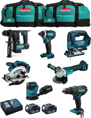 Produktbild von MAKITA Kit MK702 (DDF482 + DHR171 + DGA504 + DTD152 + DJV182 + DSS610 + DBO180 + 2 x 5,0 Ah + DC18RC + 2 x LXT600)