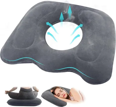 Produktbild von AKKEE Orthopädisches Sitzkissen, aufblasbarer Sitzring mit Memory Foam für Hämorrhoiden, Bürostuhl, Rollstuhl, Reisen & Schwangerschaft, anpassbare Härte, Grau, 44.5x39x11cm, innere ovale Mulde 19.5x16cm