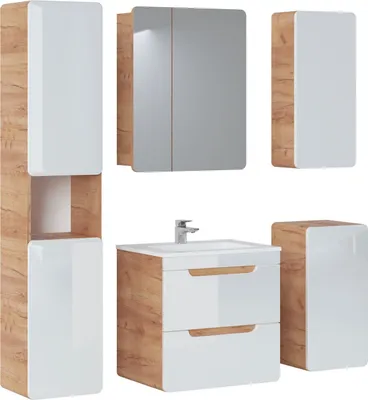 Produktbild von Badmöbel Set 5-tlg Badezimmerset FERMO Weiss HGL inkl.Waschtisch 60cm