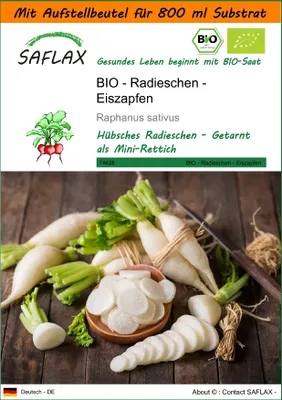 Produktbild von SAFLAX - Garden in the Bag - BIO - Radieschen - Eiszapfen - 100 Samen - Mit Anzuchtsubstrat im praktischen, selbst aufstellenden Beutel - Raphanus sativus