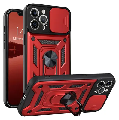 A red and black iPhone case with a camera cover and ring stand is shown from multiple angles.