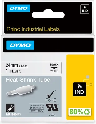Produktbild von Dymo Rhino Heißschrumpfschlauch 24 mm x 1,5 m schwarz auf weiß
