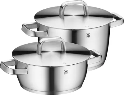 Two stainless steel pots with lids are displayed against a white background.