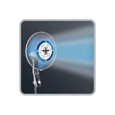 A fan is shown with a blue light emanating from it, suggesting it is active. A mosquito icon is visible on the fan's grille.