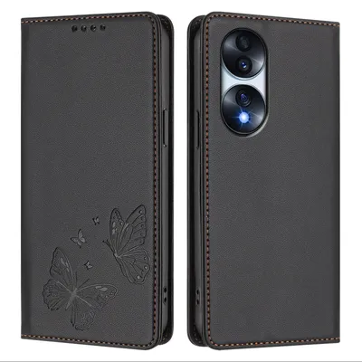 Produktbild von Lederhülle für Honor 70 Pro, Schmetterling Prägung Leder Brieftasche Schutzhülle mit Ständer Schwarz