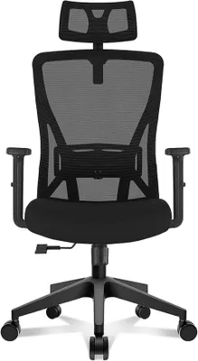 Produktbild von Ergonomischer Bürostuhl mit Kopfstütze und Lordosenstütze, Schreibtischstuhl mit Armlehnen, Netzstuhl mit 90°-130° Wippfunktion, Drehstuhl bis 150 kg für Homeoffice, Schwarz