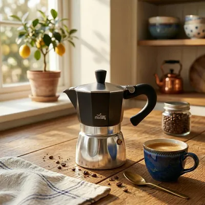 Image de Cafetière expresso Any Morning, cafetière italienne, cafetière Moka en aluminium pour Americano, Latte, Cappucino, cafetière percolateur pour le camping, 6 tasses, 8 oz, noir