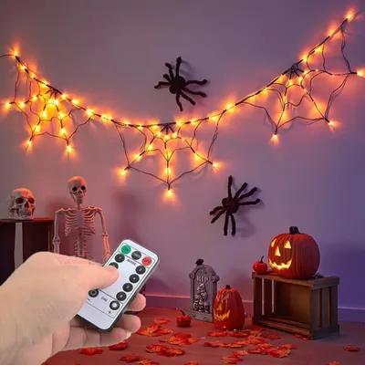 Produktbild von LED Lichterkette Halloween Deko 180cm Spinnennetz Orange 8 Modi mit 30cm Spinne & Fernbedienung, 60 LEDs