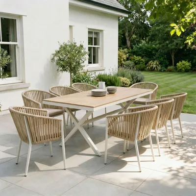 Produktbild von Gartenmöbelset ISOLA mit 8 Stühlen, Weiß/Beige – wetterfeste Essgruppe, Gartentisch 180 x 100 cm mit WPC Tischplatte und stapelbare Gartenstühle inkl. Kissen für Terrasse & Balkon