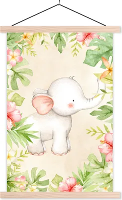 Produktbild von MuchoWow® Textilposter Elefant - Dschungel - Aquarell 40x60 cm mit holzfarbenen Rahmen - Poster