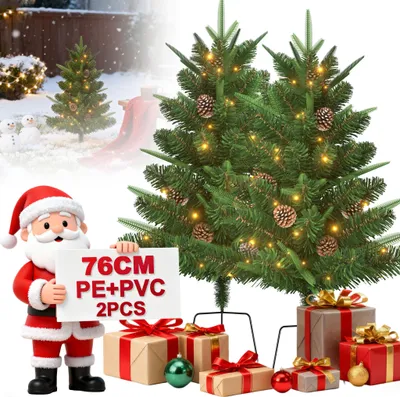Productafbeelding van LZQ 2x Mini kerstboom, 76 cm, PE+PVC | 30 warmwitte LED-lampjes, dennenappels, grondpen | Compact, geschikt voor tafel of vensterbank – Type A