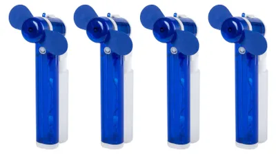 Four blue handheld spray fans are displayed side-by-side against a white background.