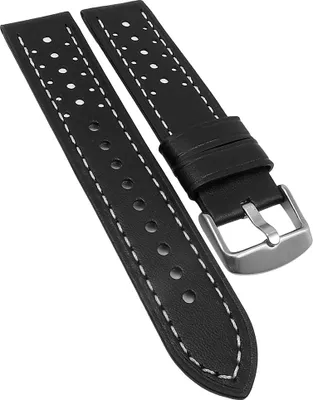 Produktbild von Minott > Uhrenarmband Leder Lochmuster schwarz flach Dornschließe, Stegbreite:22mm, Schließe:Silbern