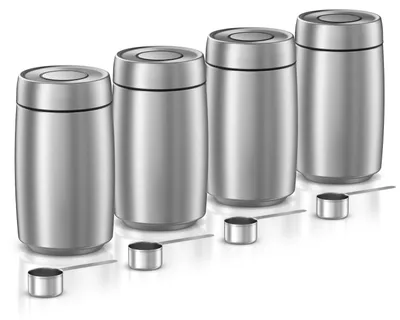 Productafbeelding van Arendo Koffiebekers, set van 4, 1450 ml, roestvrij staal, luchtdicht, aroma-bewarende containers met vacuüm-klikdeksel en maatlepel, geschikt voor koffiebonen, koffiepoeder, proteïnepoeder, meel, suiker